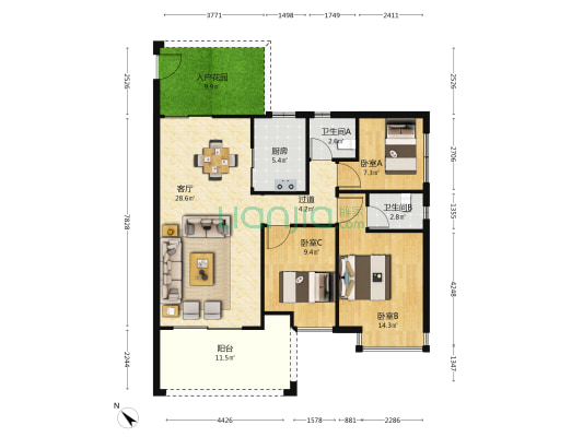 昱升紫云亭 3室1厅2卫 110平方