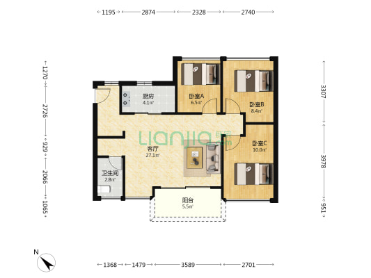 佳华领悦广场 3室1厅1卫 82平方