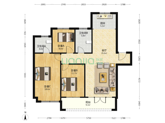绿地樱花郡 3室1厅2卫 127平方