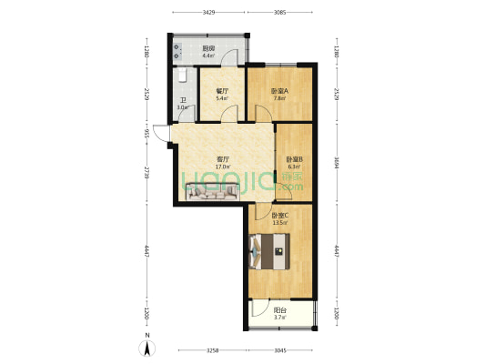 建新街7号院 3室2厅1卫 73平方