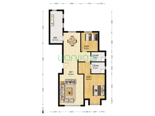 泷悦长安牛津园 2室1厅2卫 123平方