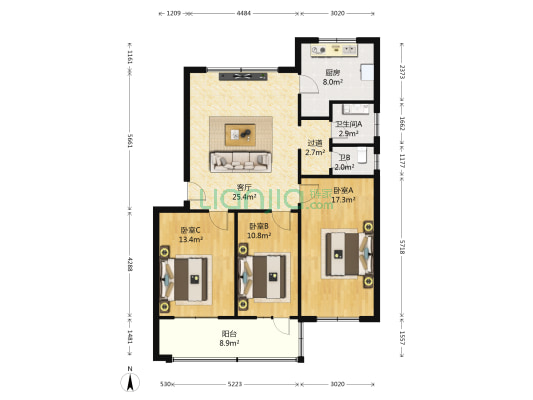 政法小区北院 3室1厅2卫 105平方