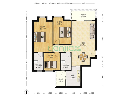卓粤卓雅名苑 3室1厅2卫 115平方