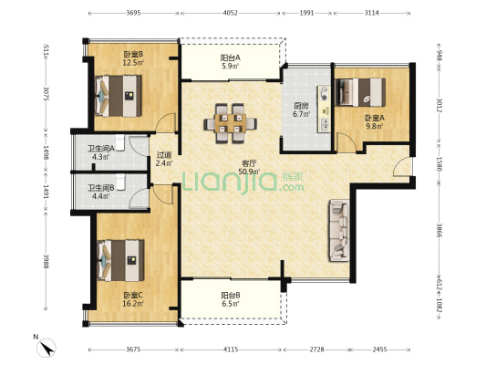 龙熙花园 3室1厅2卫 136平方