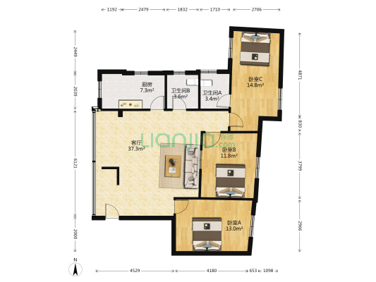 夹舨寮 3室1厅2卫 108平方