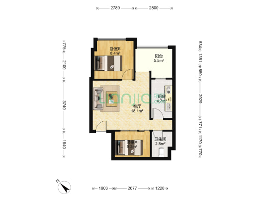 天邑宏御花园宏苑 2室1厅1卫 56平方