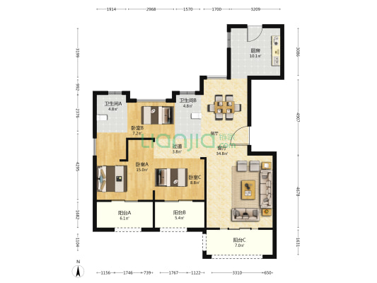 龙华苑 3室1厅2卫 137平方