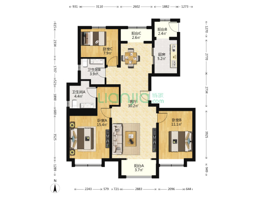 绿地中央广场 3室1厅2卫 131平方