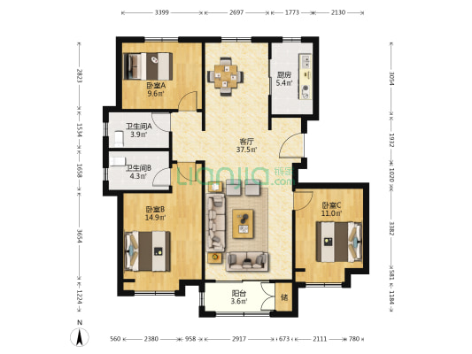 世茂国风锦唐 3室1厅2卫 122平方