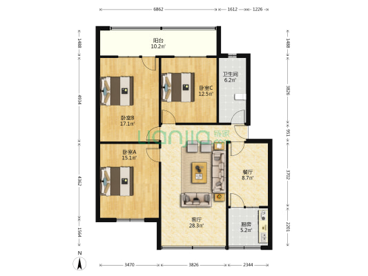 西北街86号院 3室2厅1卫 115平方