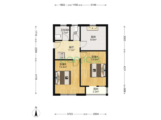 卫校宿舍 2室1厅2卫 62平方