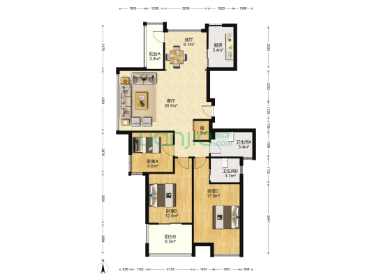 春江名苑 3室2厅2卫 136平方