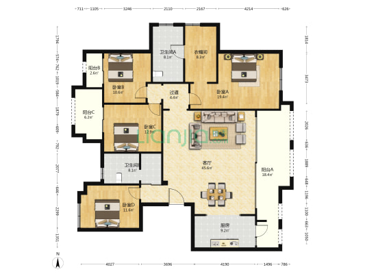 绿城两江御园丹桂园 4室1厅2卫 183平方