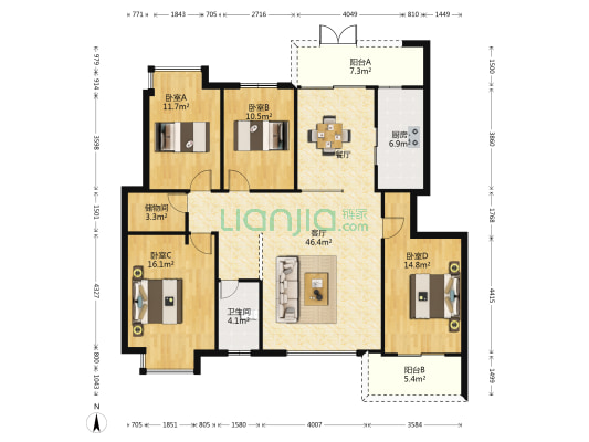 凯景新天地 4室1厅1卫 154平方