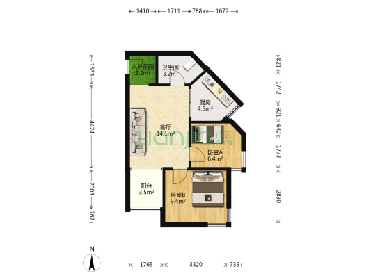 东方航标 2室1厅1卫 65平方