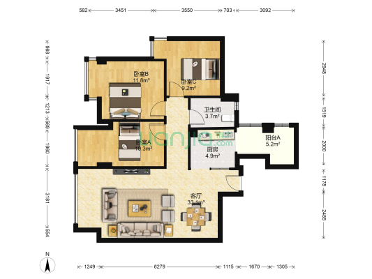 华银美景 3室1厅1卫 84平方