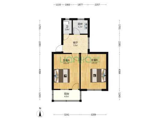 东风路 2室1厅1卫 54平方