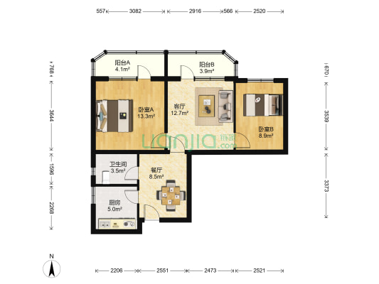 安和家园 2室2厅1卫 77平方