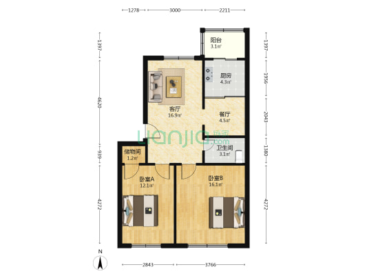 四季青小区 2室2厅1卫 80平方
