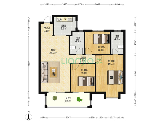 华宇·珑川府 3室1厅2卫 114平方