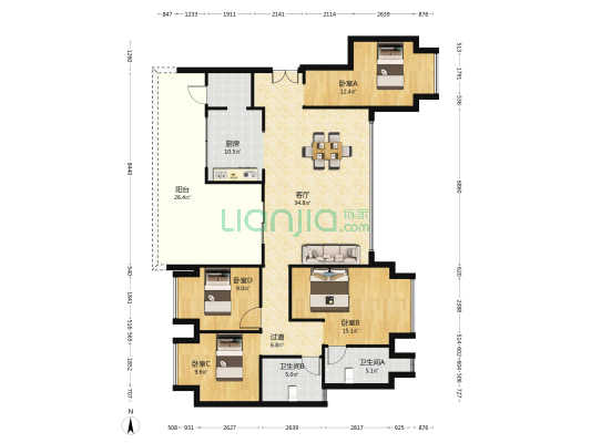 听岸小区 4室1厅2卫 133平方