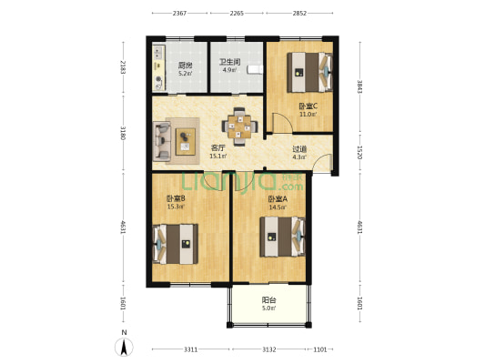 淀兴路811号 3室1厅1卫 92平方