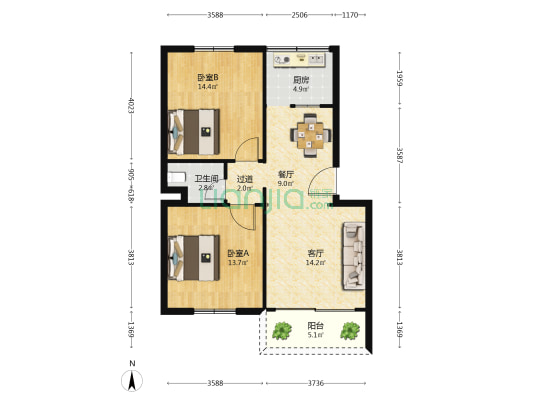 顺景飞扬居 2室2厅1卫 77平方