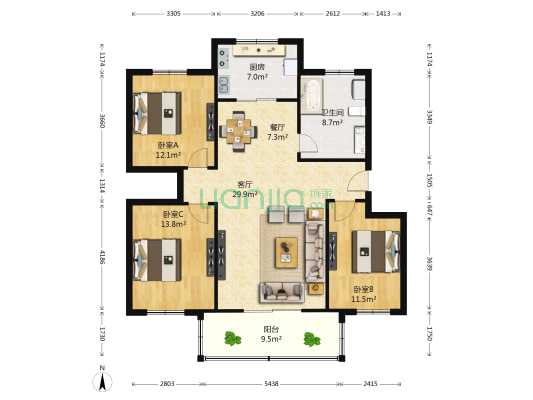 气象路 3室2厅1卫 117平方