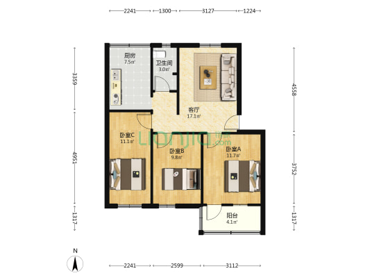 华师大学宿舍南区 3室1厅1卫 76平方