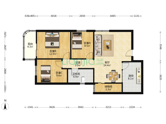 吉莲大厦 3室1厅1卫 103平方