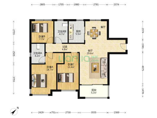 金湾宝龙城 3室1厅2卫 110平方
