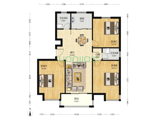 明鑫嘉园 3室1厅2卫 125平方