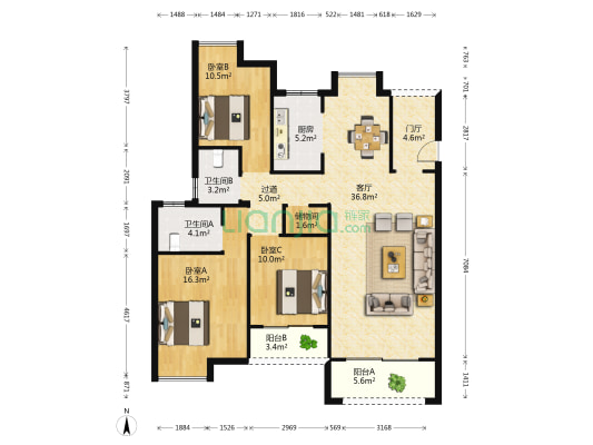 蓝天花园 3室1厅2卫 124平方