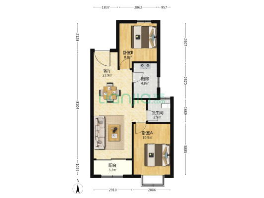 远洋繁花里 2室1厅1卫 85平方