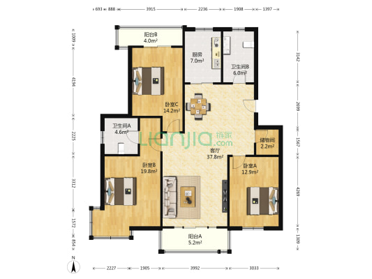 西韩新苑 3室1厅2卫 145平方