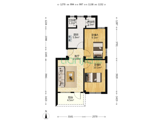 东藤小区 2室1厅2卫 60平方