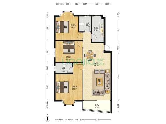 双井小区 3室1厅2卫 116平方