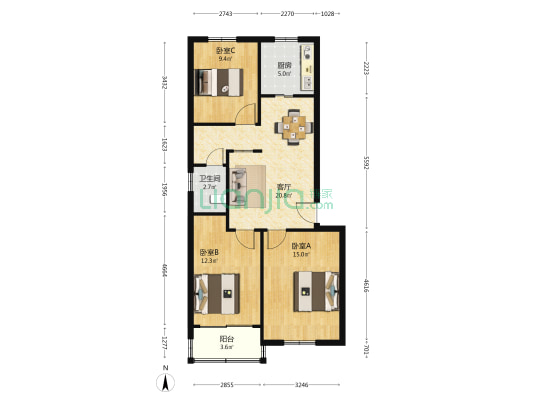 康复中心宿舍 3室1厅1卫 67平方