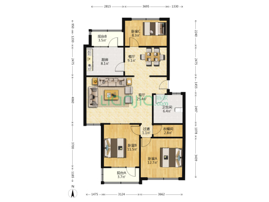 盐业小区 3室2厅1卫 116平方