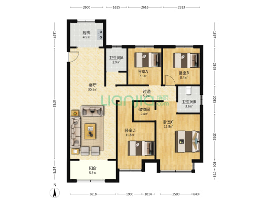 福瑞佳苑 4室1厅2卫 129平方
