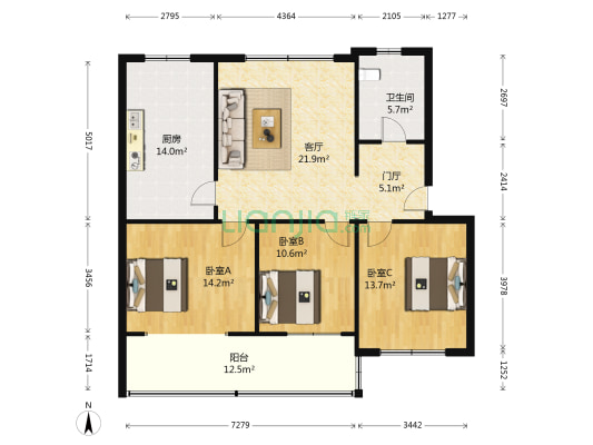 北海花园(黄岛) 3室1厅1卫 117平方