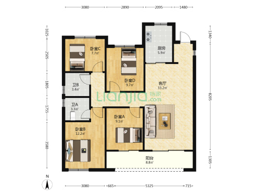 融信海纳新潮B区 4室1厅2卫 109平方