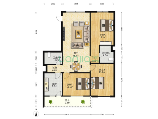 琼建大楼 3室1厅2卫 123平方