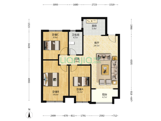 明发星悦城 3室1厅1卫 105平方
