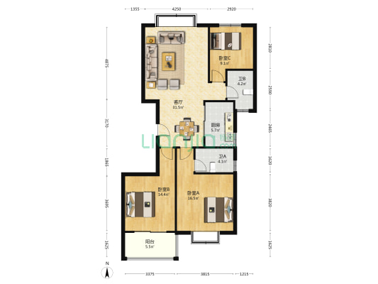 雅林园 3室1厅2卫 116平方