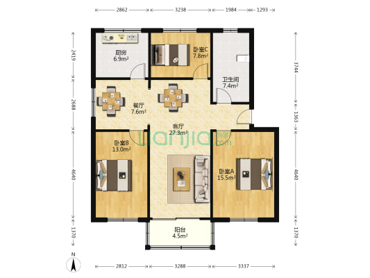 南苑小区 3室2厅1卫 108平方