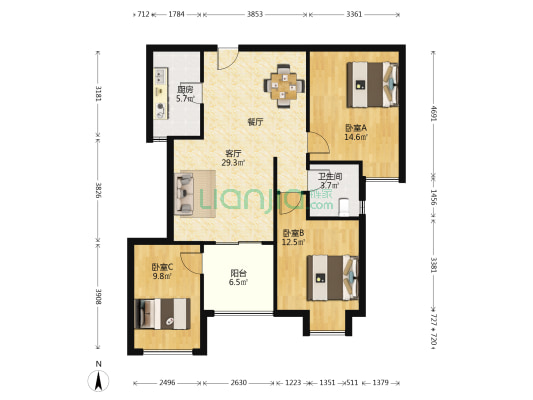 依云小镇 3室1厅1卫 91平方