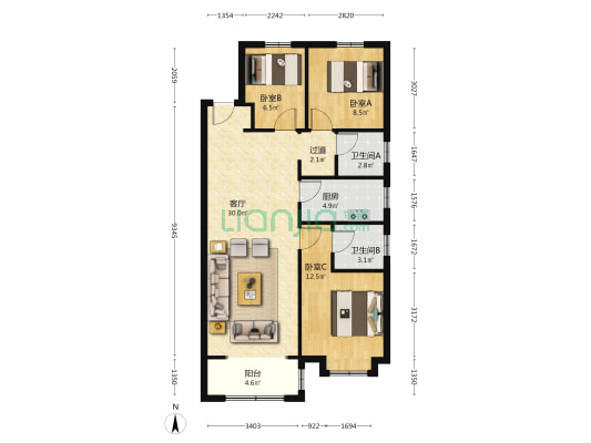 雅澜园 3室1厅2卫 110平方
