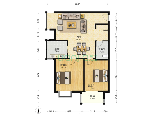 秦汉大厦 2室1厅1卫 104平方
