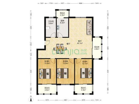 星宇花园 3室1厅1卫 128平方